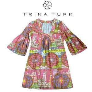 Trina Turk ‘Bonita’ Multi-Colored 3/4 Bell Sleeve Retro Mod Shift Dress